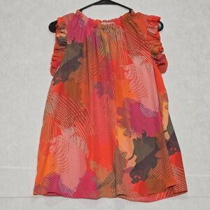 Ces Femme Abstract Print Ruffle Sleeve Dress Large Orange Pink Made in USA